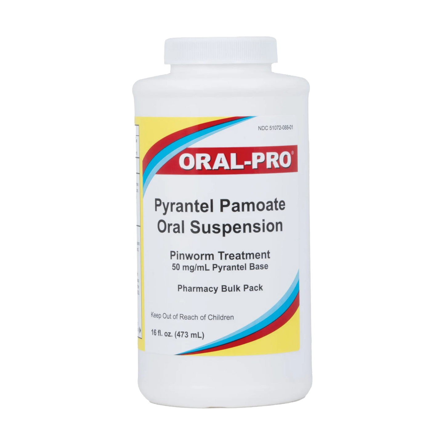 Pyrantel Pamoate Suspension, 50mg,"White bottle with screw cap and front label"