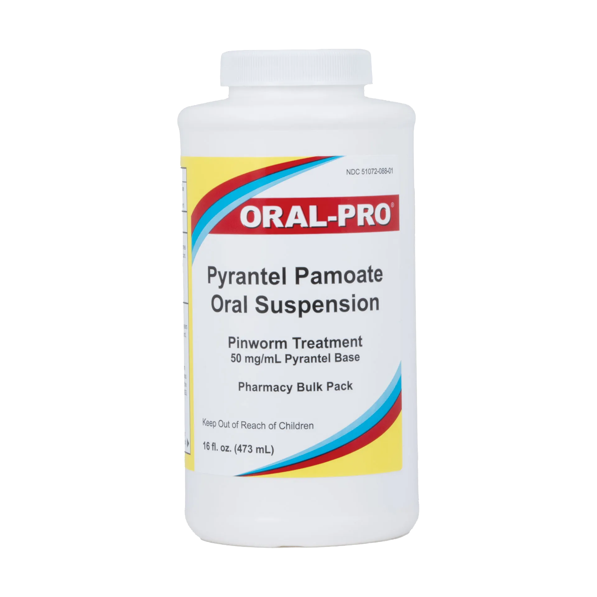 Pyrantel Pamoate Suspension, 50mg,"White bottle with screw cap and front label"