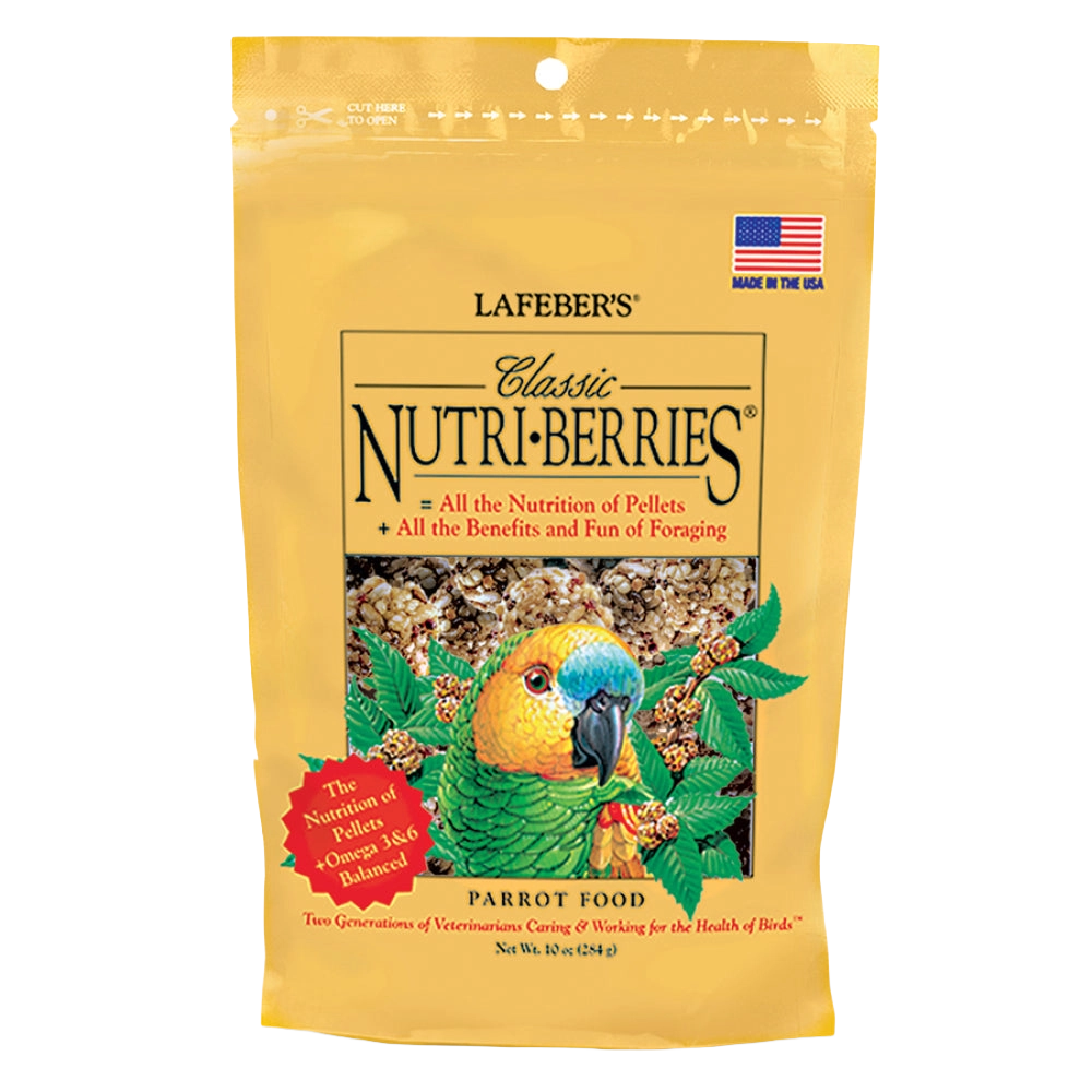 Lafeber Classic Nutri-Berries,"Front view of yellow stand-up pouch with parrot illustration"