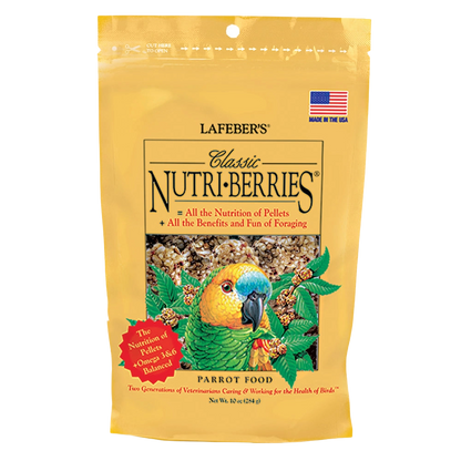 Lafeber Classic Nutri-Berries,"Front view of yellow stand-up pouch with parrot illustration"