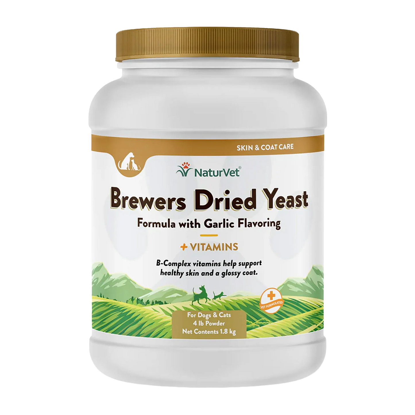 Brewers Dried Yeast Formula with Garlic Flavoring,"White plastic powder jar with gold cap, front label view"