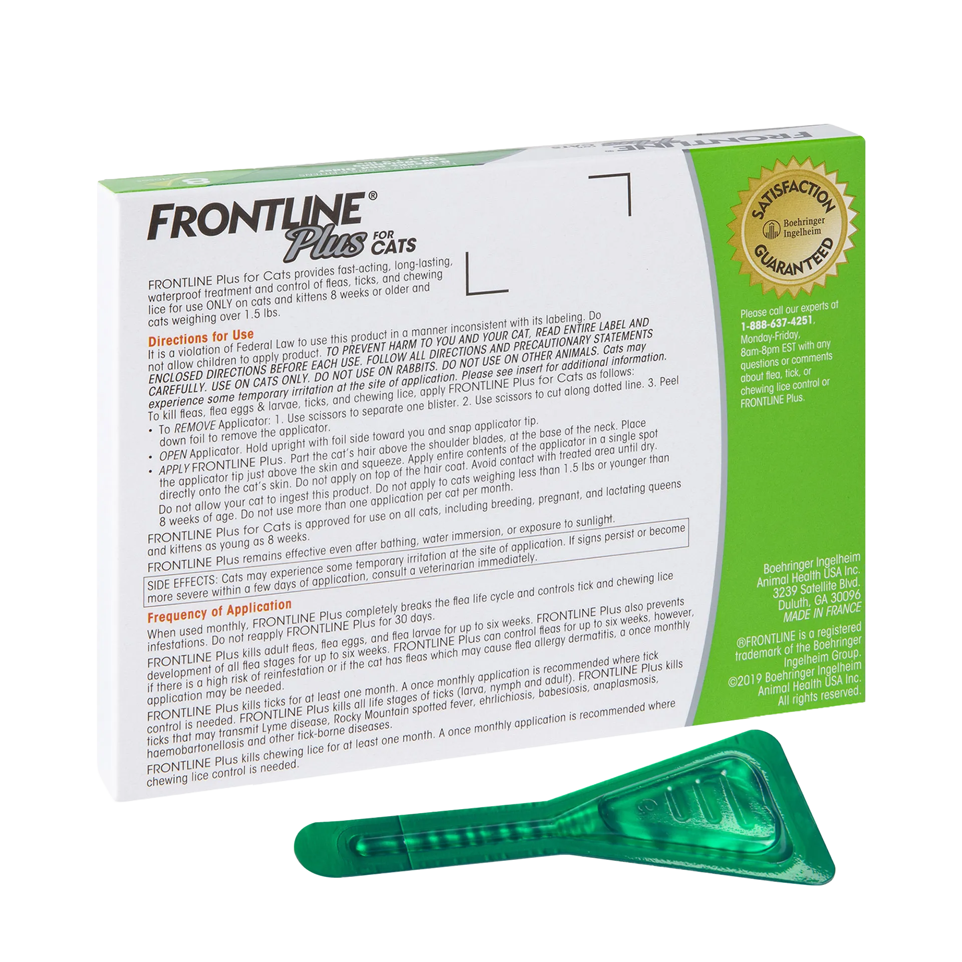 Frontline® Plus for Cats,"Back of box with green applicator vial"