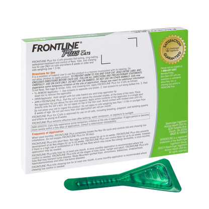 Frontline® Plus for Cats,"Back of box with green applicator vial"