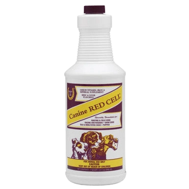 Canine Red Cell®,"White bottle with maroon cap and dog illustration label"