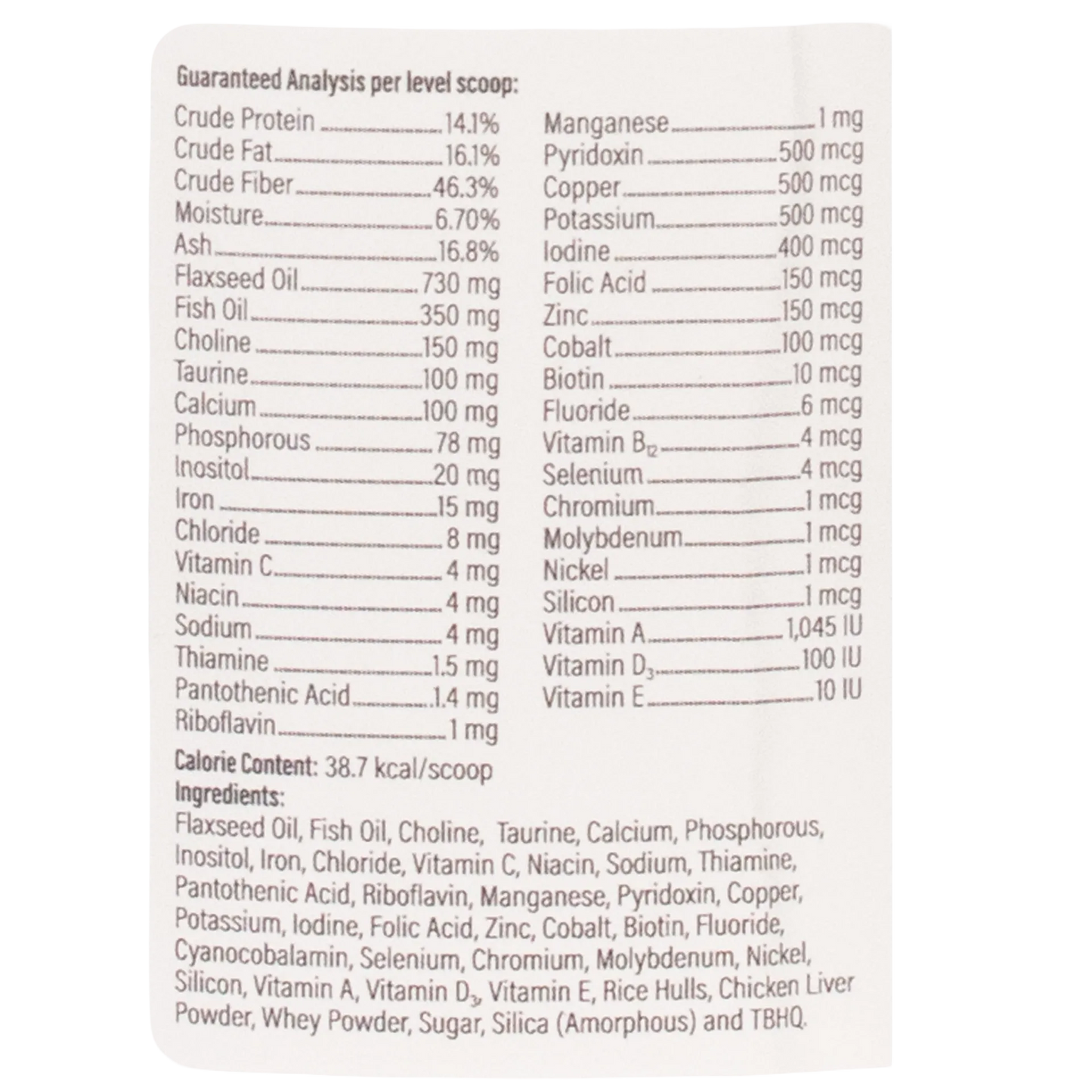 Doc Roy's® Daily Care Feline,"Back label with ingredients and guaranteed analysis panel"