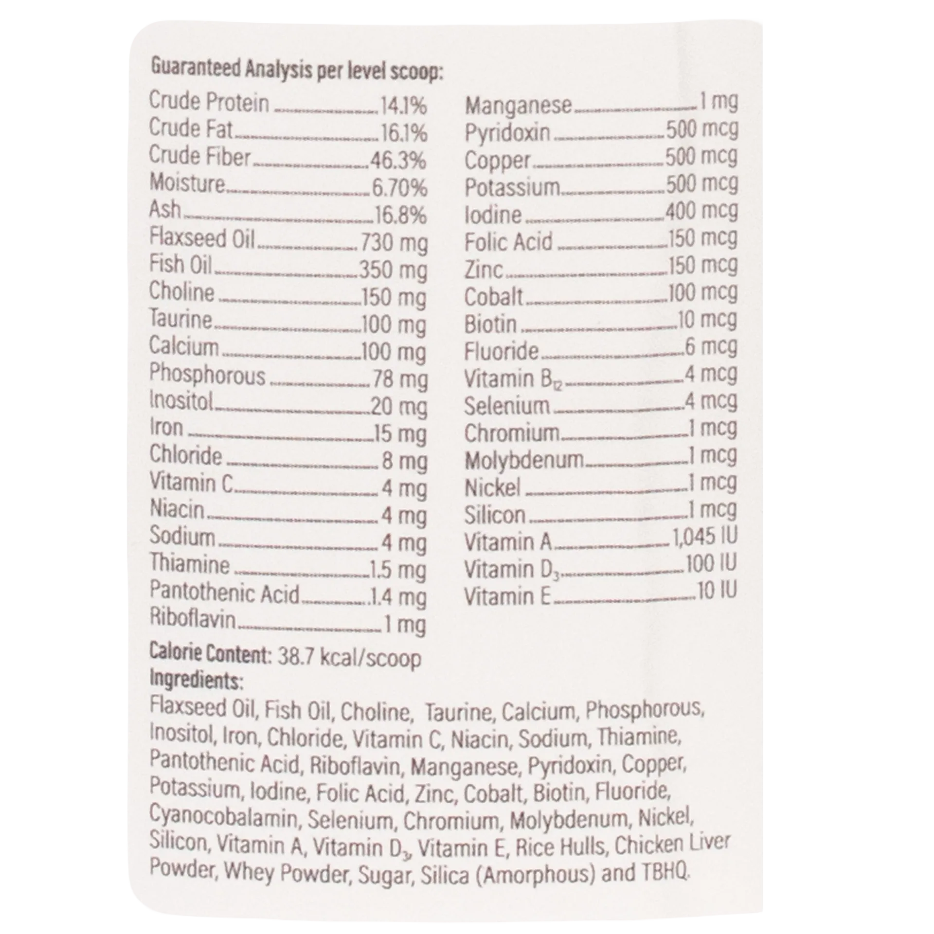 Doc Roy's® Daily Care Feline,"Back label with ingredients and guaranteed analysis panel"