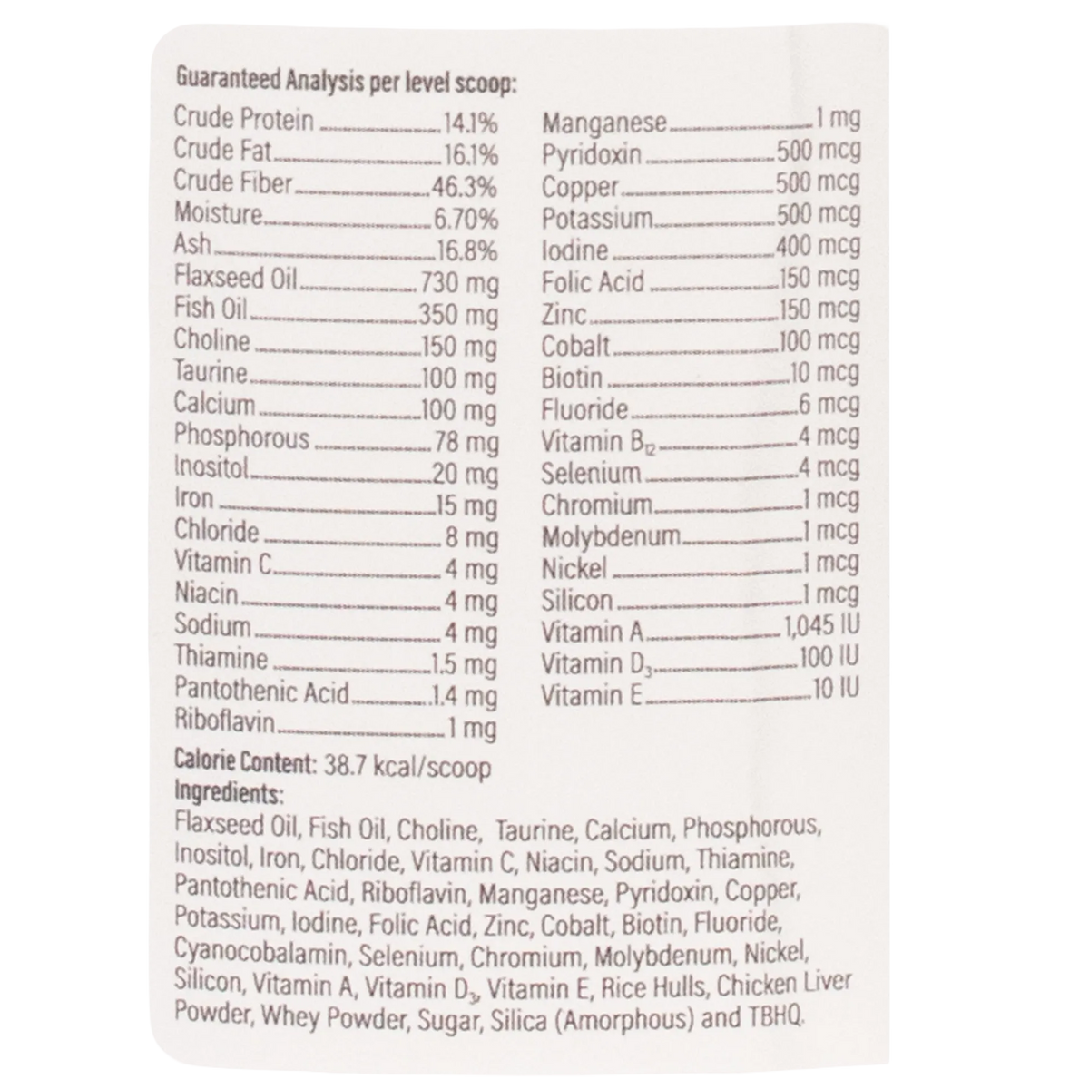 Doc Roy's® Daily Care Feline,"Back label with ingredients and guaranteed analysis panel"