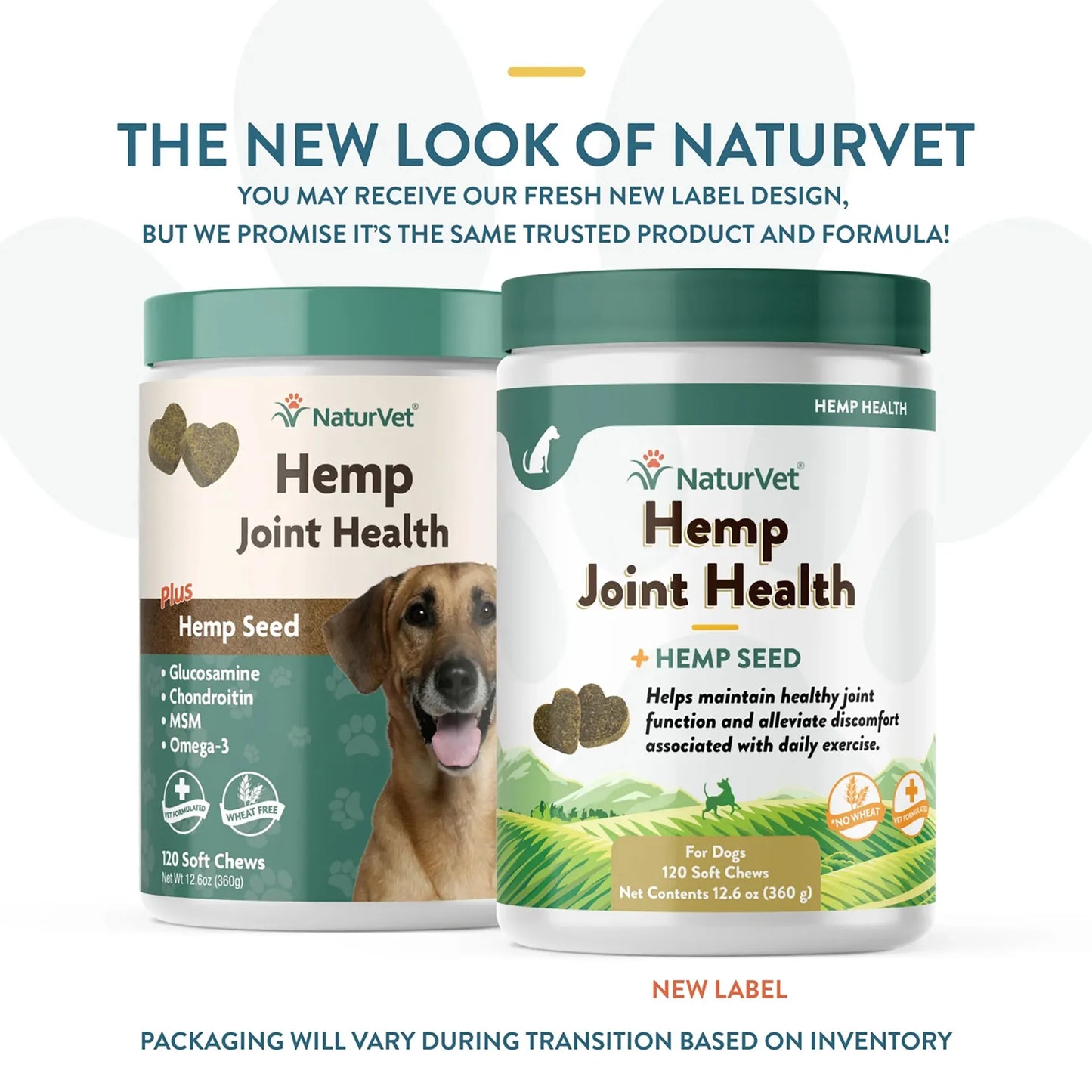 Hemp Joint Health,"Two supplement jars showing old and new label designs"