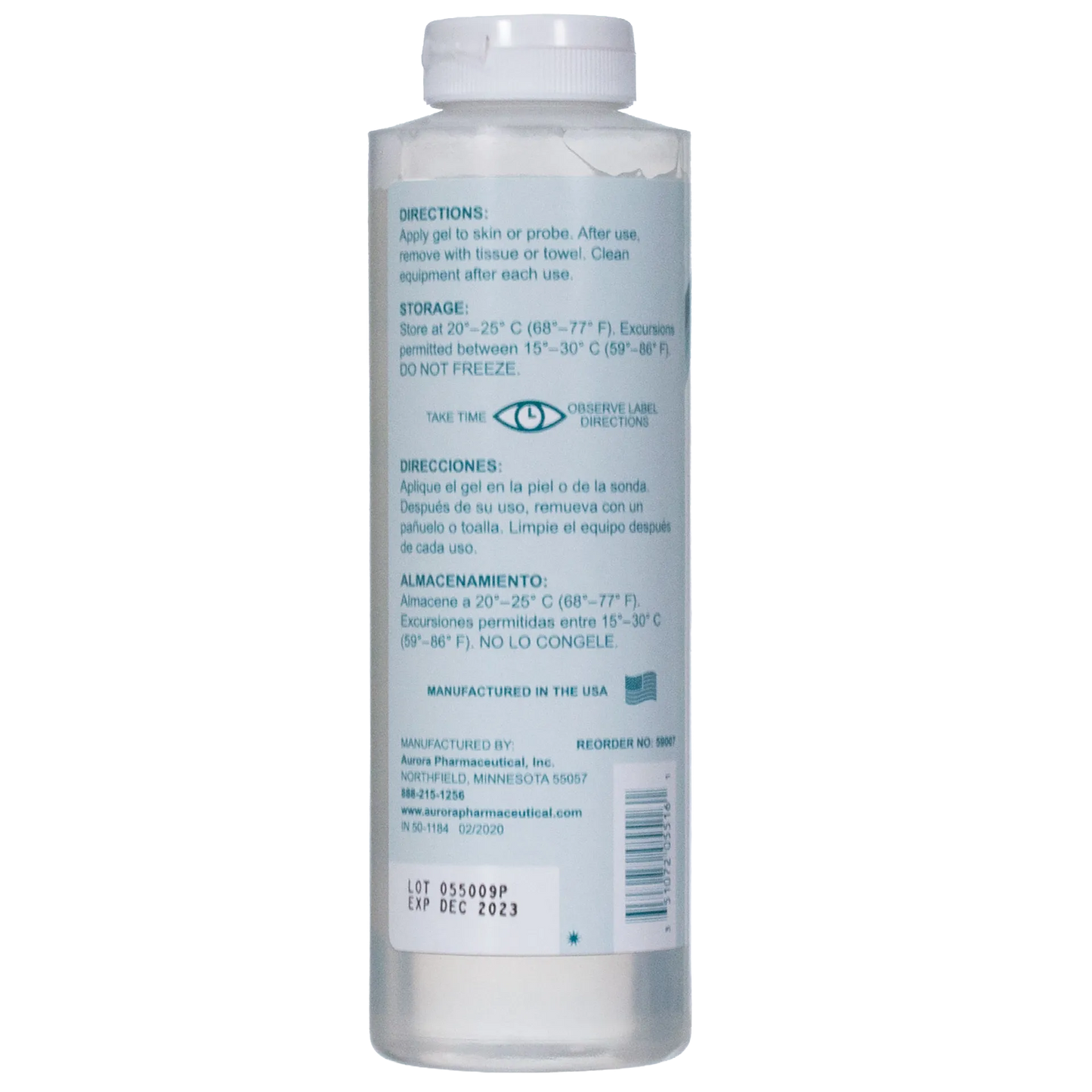 Ultrasound Gel,"White bottle with screw cap, back label view"