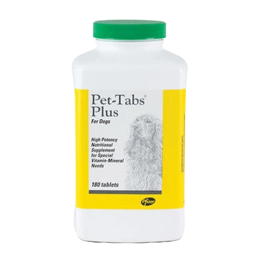 Pet-Tabs® Plus,"White supplement bottle with green cap and yellow label"