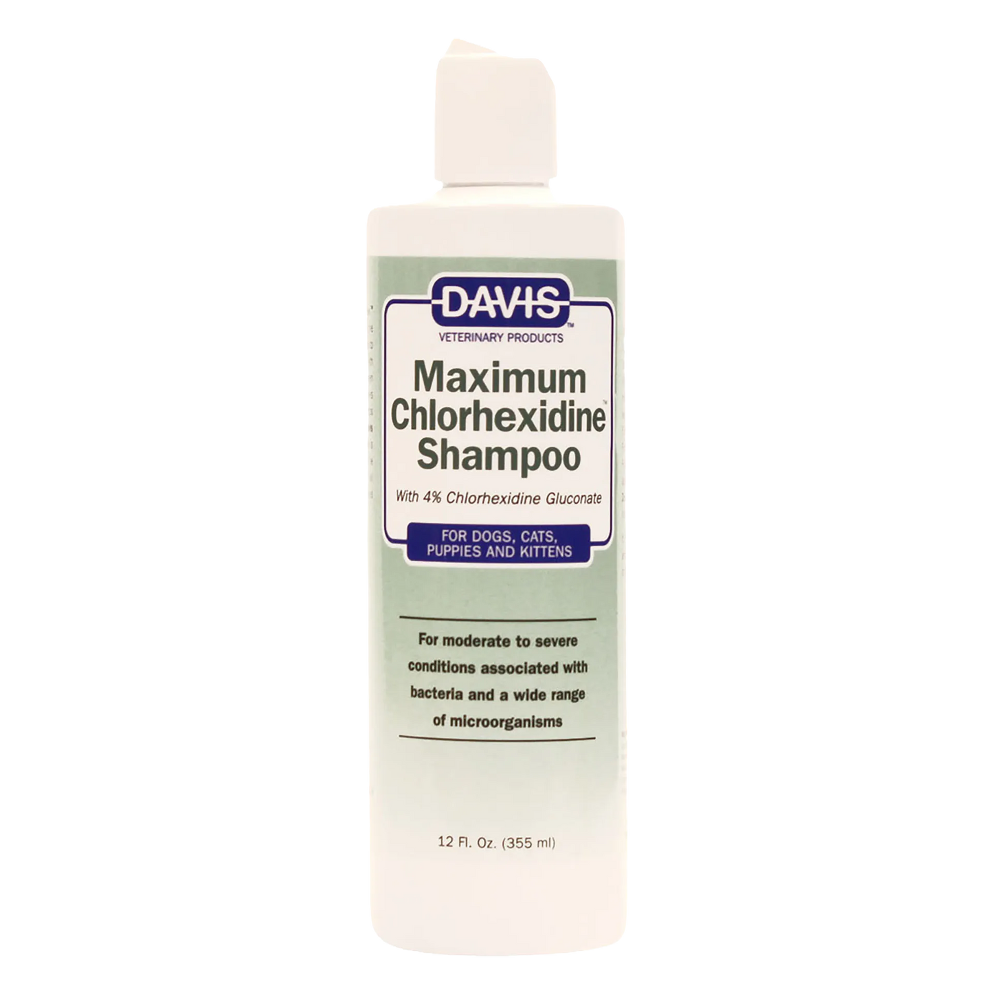 Maximum Chlorhexidine Shampoo,"White shampoo bottle with flip-top cap and green front label"