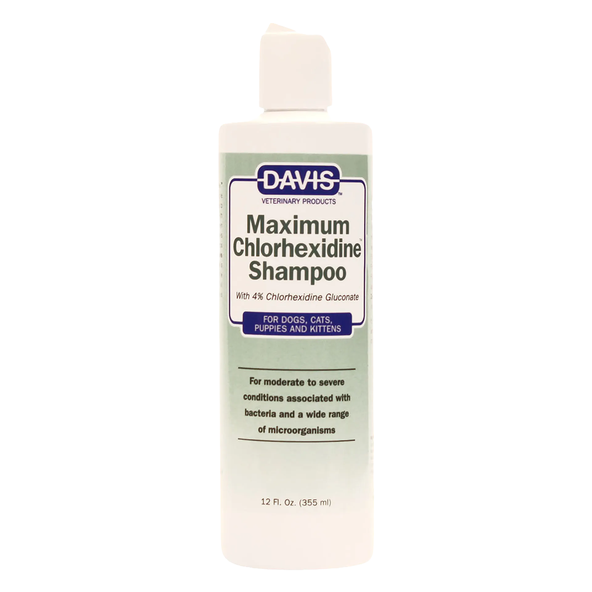 Maximum Chlorhexidine Shampoo,"White shampoo bottle with flip-top cap and green front label"