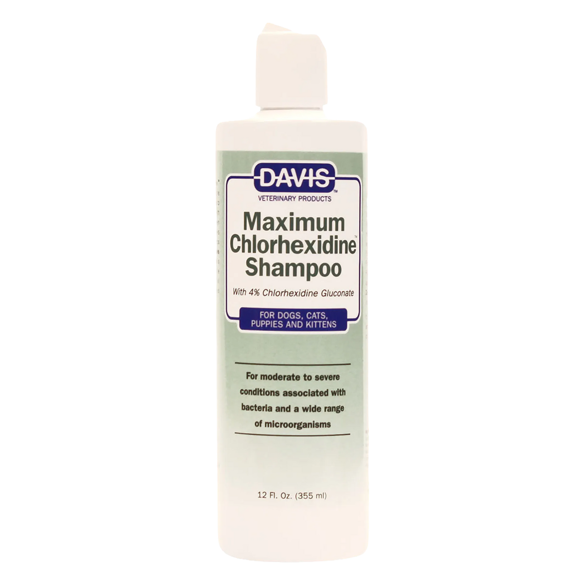 Maximum Chlorhexidine Shampoo,"White shampoo bottle with flip-top cap and green front label"