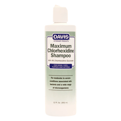Maximum Chlorhexidine Shampoo,"White shampoo bottle with flip-top cap and green front label"