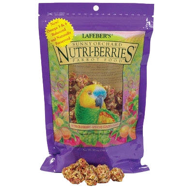 Lafeber Gourmet Sunny Orchard Nutri-Berries,"Purple stand-up pouch with parrot image and berry pieces"