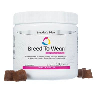 Breeder's Edge® Breed To Wean™,"White supplement jar with brown chew pieces"