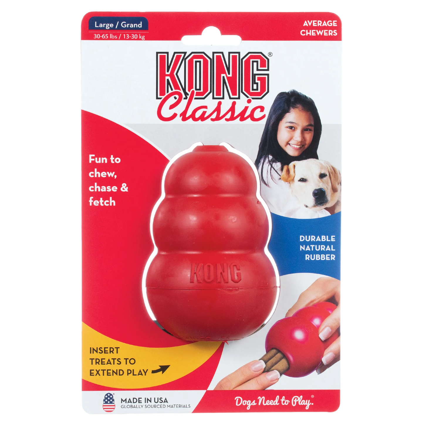 Kong® Classic,"Red rubber dog toy in front blister packaging"