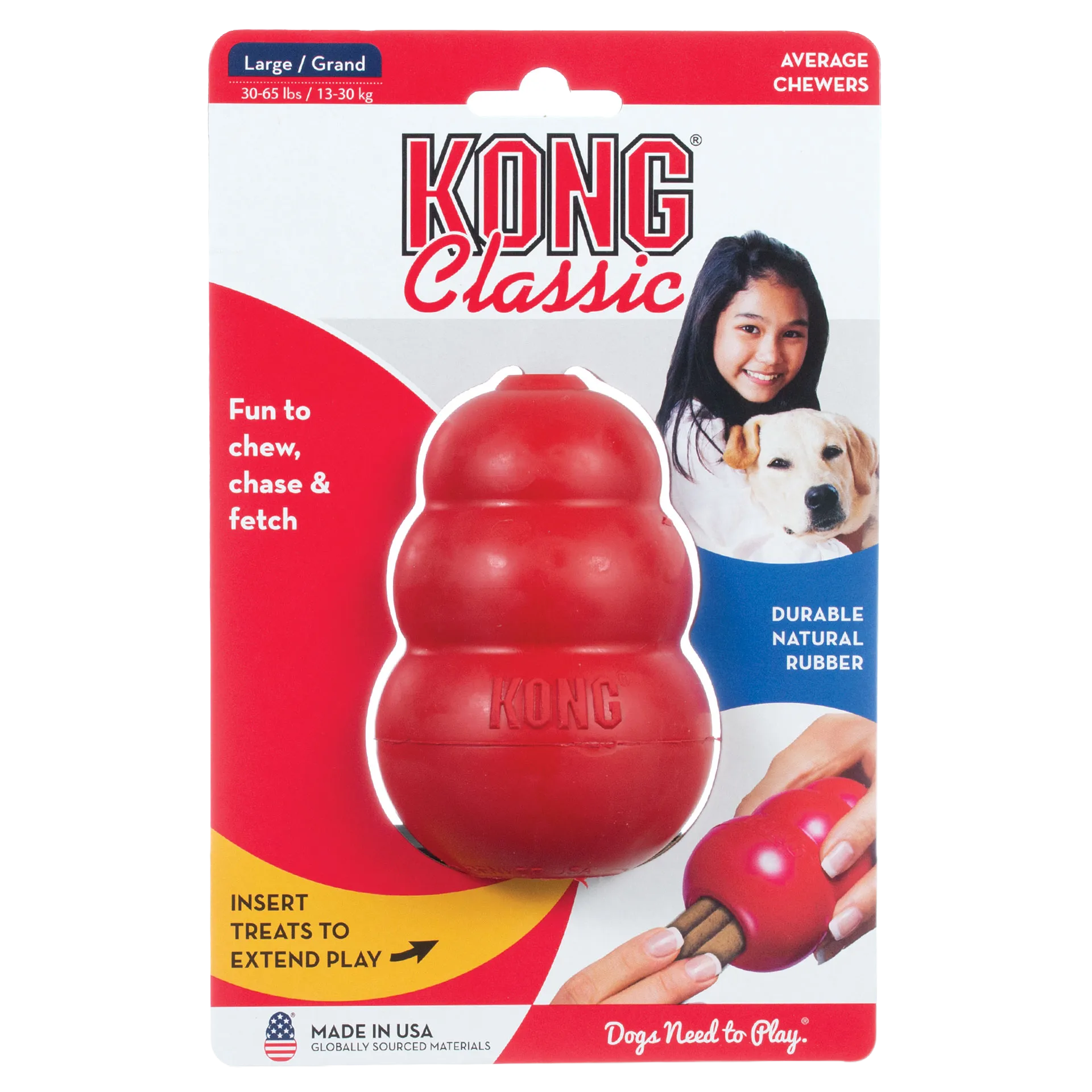Kong® Classic,"Red rubber dog toy in front blister packaging"