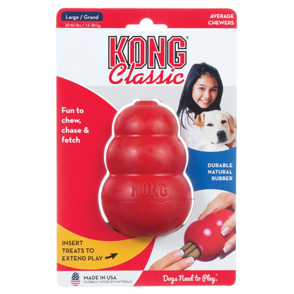 Kong® Classic,"Red rubber dog toy in front blister packaging"