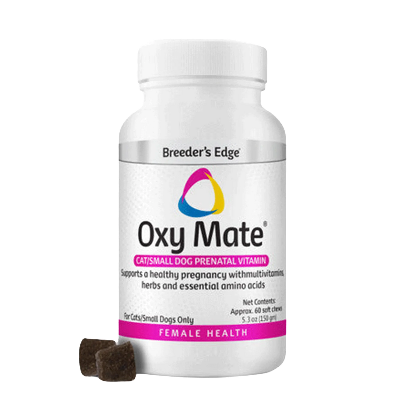 Breeder's Edge® Oxy Mate® Prenatal,"White supplement bottle with two brown soft chews"