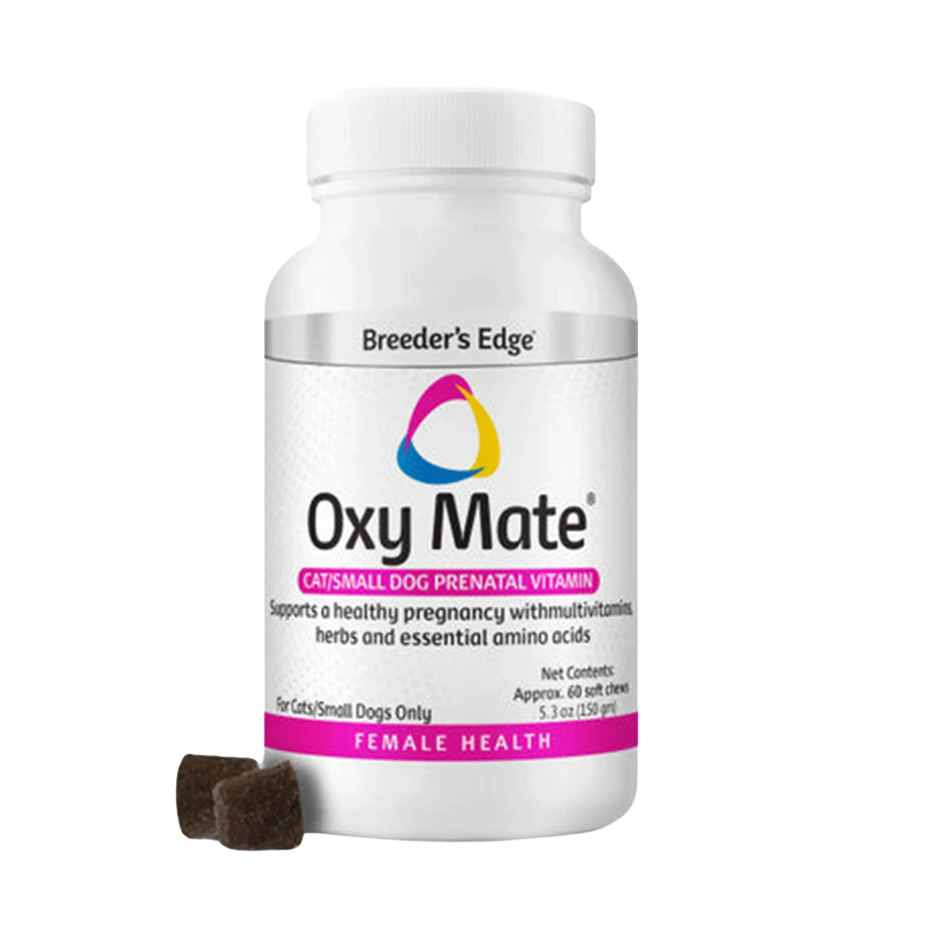 Breeder's Edge® Oxy Mate® Prenatal,"White supplement bottle with two brown soft chews"