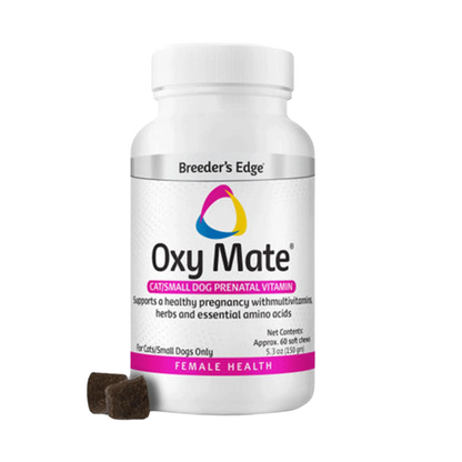 Breeder's Edge® Oxy Mate® Prenatal,"White supplement bottle with two brown soft chews"