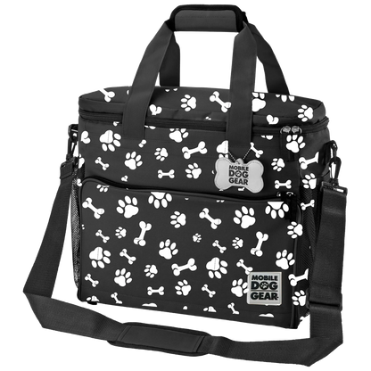 Week Away® Tote Bag,"Black tote bag with white paw and bone print, shoulder strap, and front pocket"