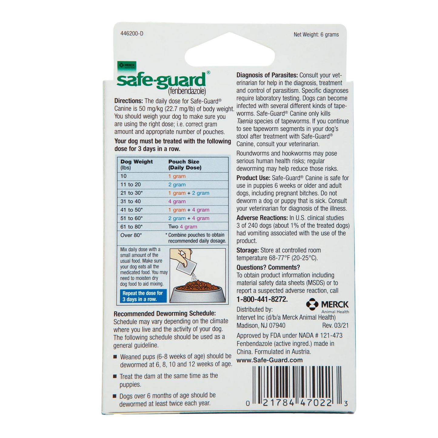 Safe-Guard® Canine Dewormer for Dogs,"Back of box with dosage chart and feeding instructions"