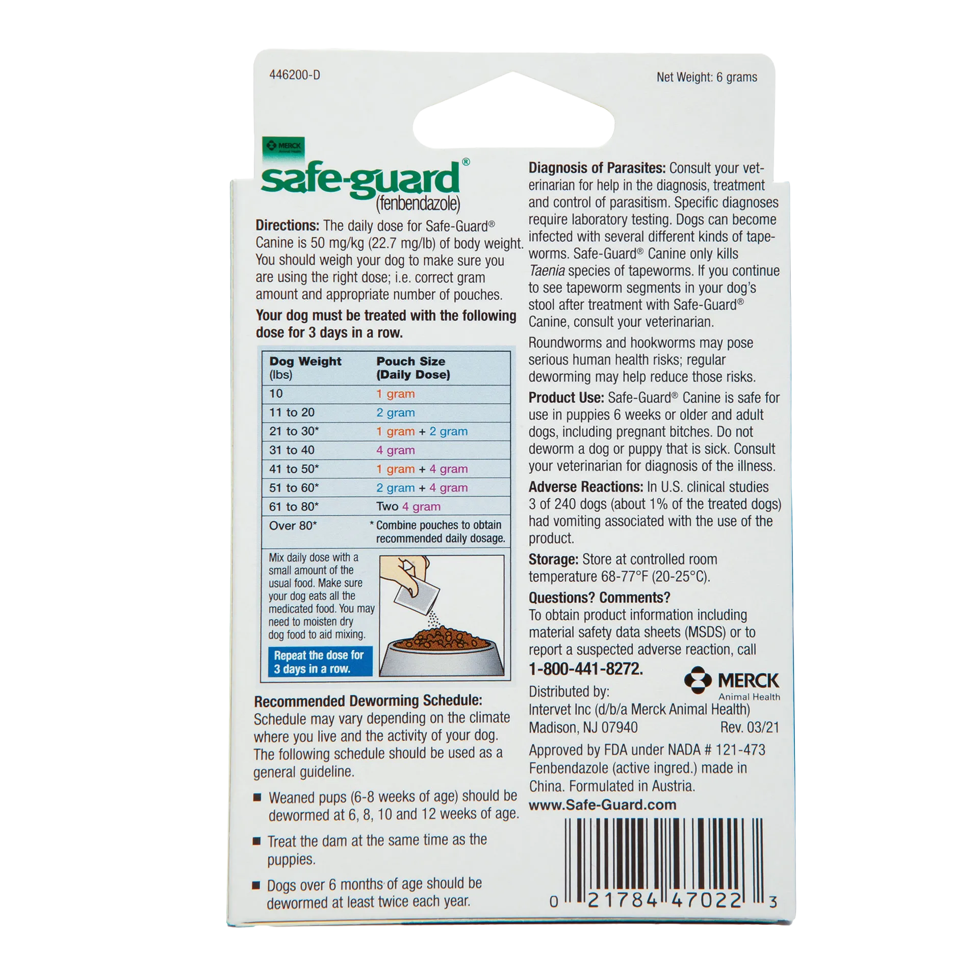 Safe-Guard® Canine Dewormer for Dogs,"Back of box with dosage chart and feeding instructions"