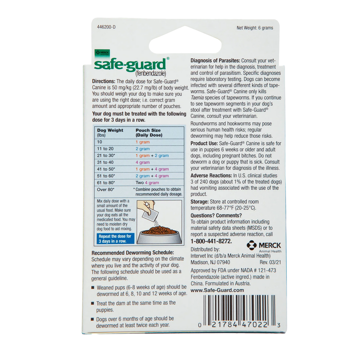 Safe-Guard® Canine Dewormer for Dogs,"Back of box with dosage chart and feeding instructions"
