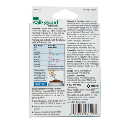 Safe-Guard® Canine Dewormer for Dogs,"Back of box with dosage chart and feeding instructions"