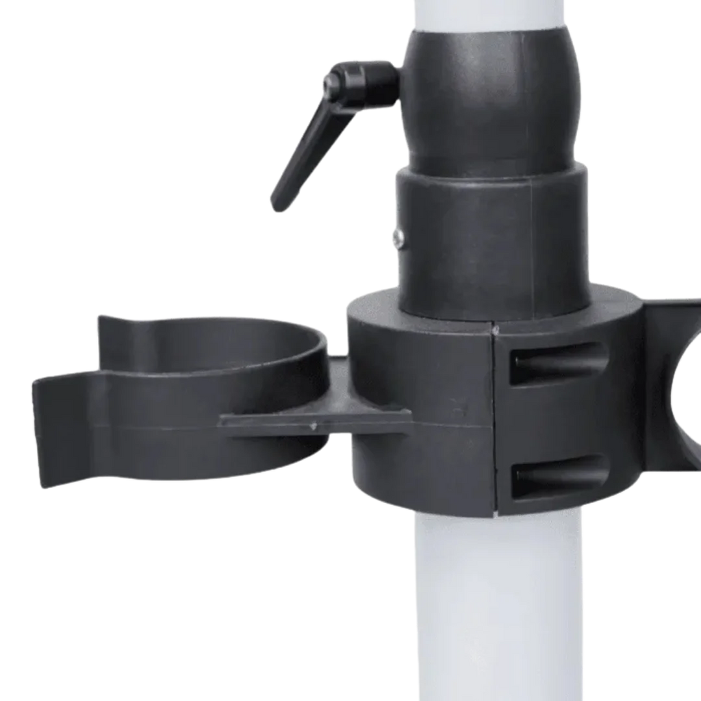 Duo-Sprint Dryer with Movable Dryer Stand by Waggz,"Black clamp mount with attached holder on white pole"