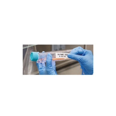 Lab Label Printer and Self-Laminating Cryogenic Polyester Labels,"Gloved hands holding labeled sample tube with blue cap"
