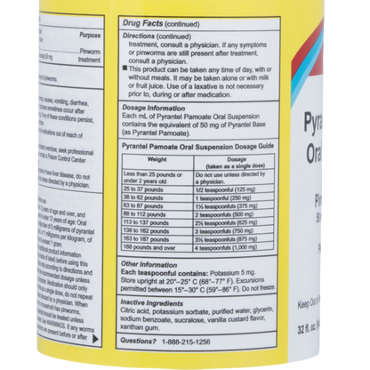 Pyrantel Pamoate Suspension, 50mg,"Bottle side label with dosage chart and directions panel"