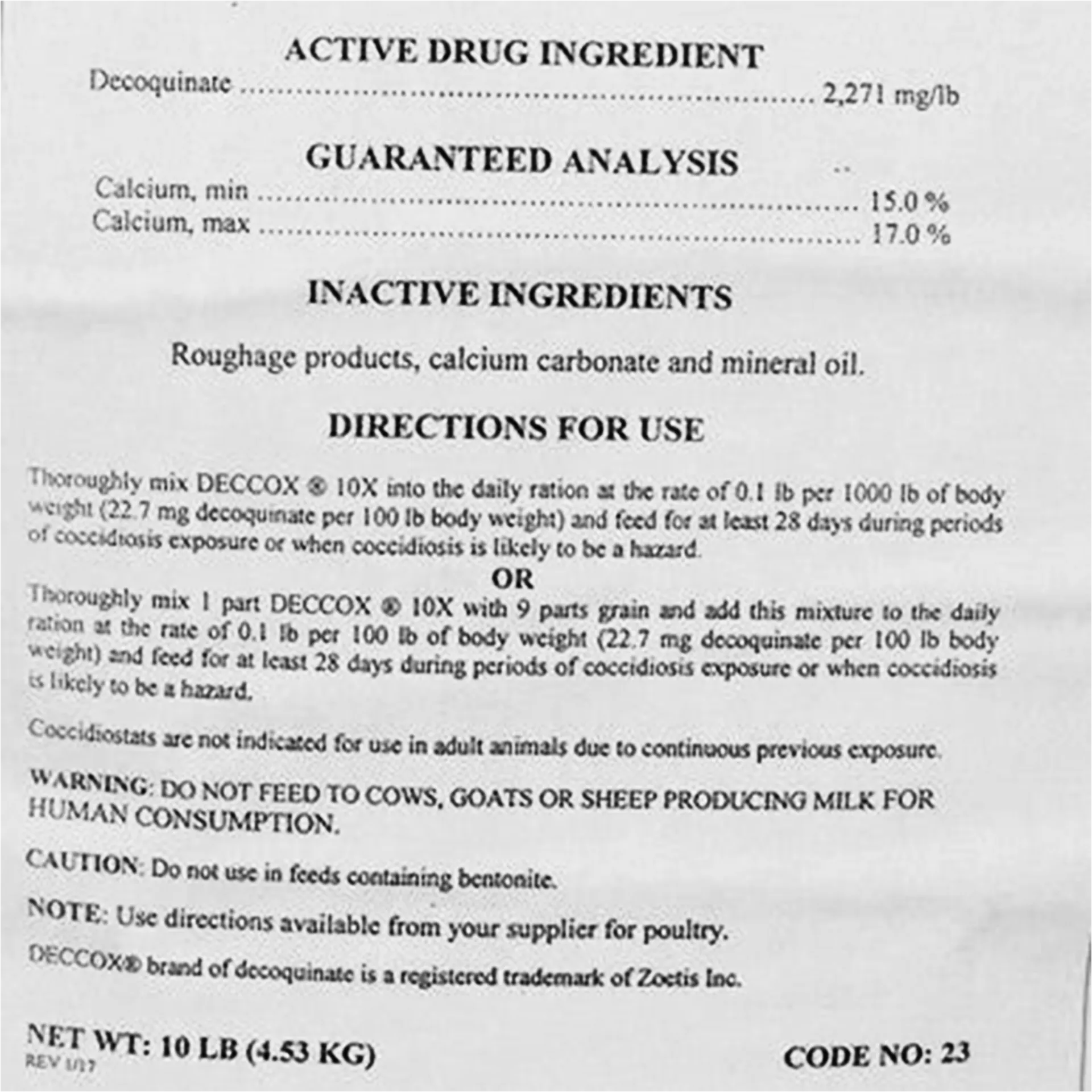 Deccox® CocciGuard 10x, Preventative Only,"Close-up of package back with directions and ingredient panel"