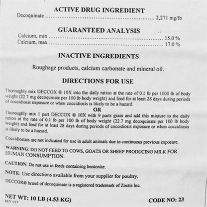 Deccox® CocciGuard 10x, Preventative Only,"Close-up of package back with directions and ingredient panel"