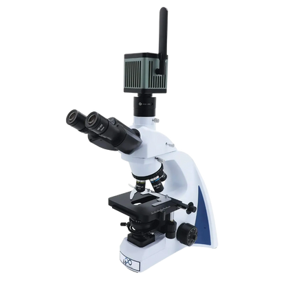 MegaVID WiFi 12MP Camera,"Microscope with mounted camera and vertical antenna"