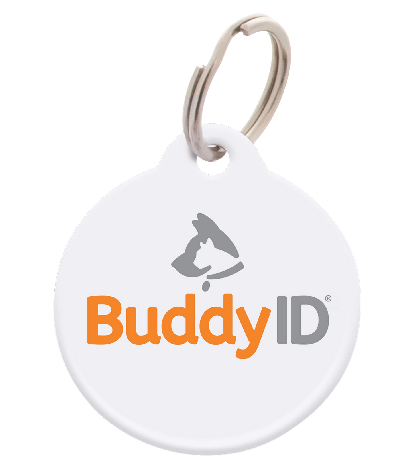 BuddyID® BuddyBadge® Collar Tag with Registration,"White round collar tag with metal split ring"