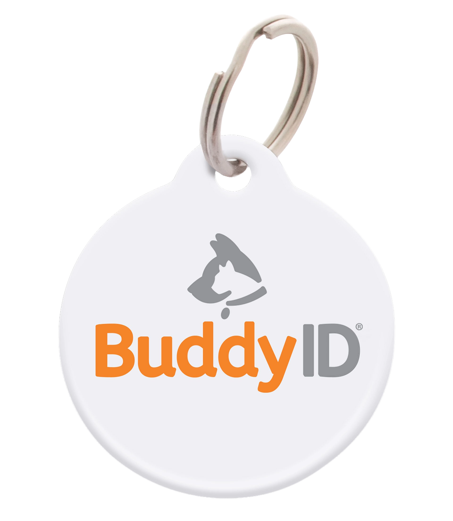 BuddyID® BuddyBadge® Collar Tag with Registration,"White round collar tag with metal split ring"