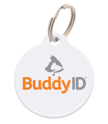 BuddyID® BuddyBadge® Collar Tag with Registration,"White round collar tag with metal split ring"