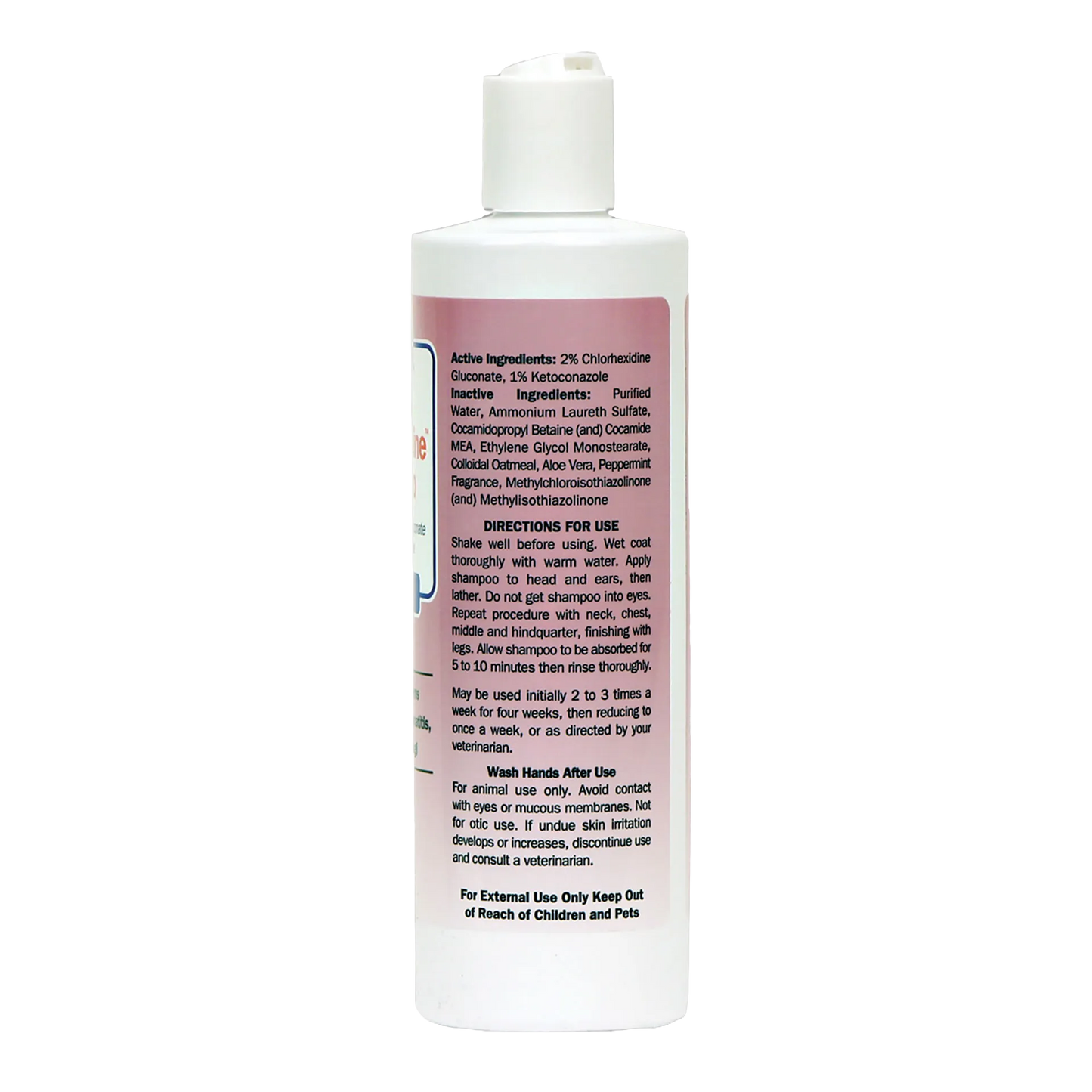 Ketohexidine Shampoo,"White shampoo bottle with flip-top cap, side label view"