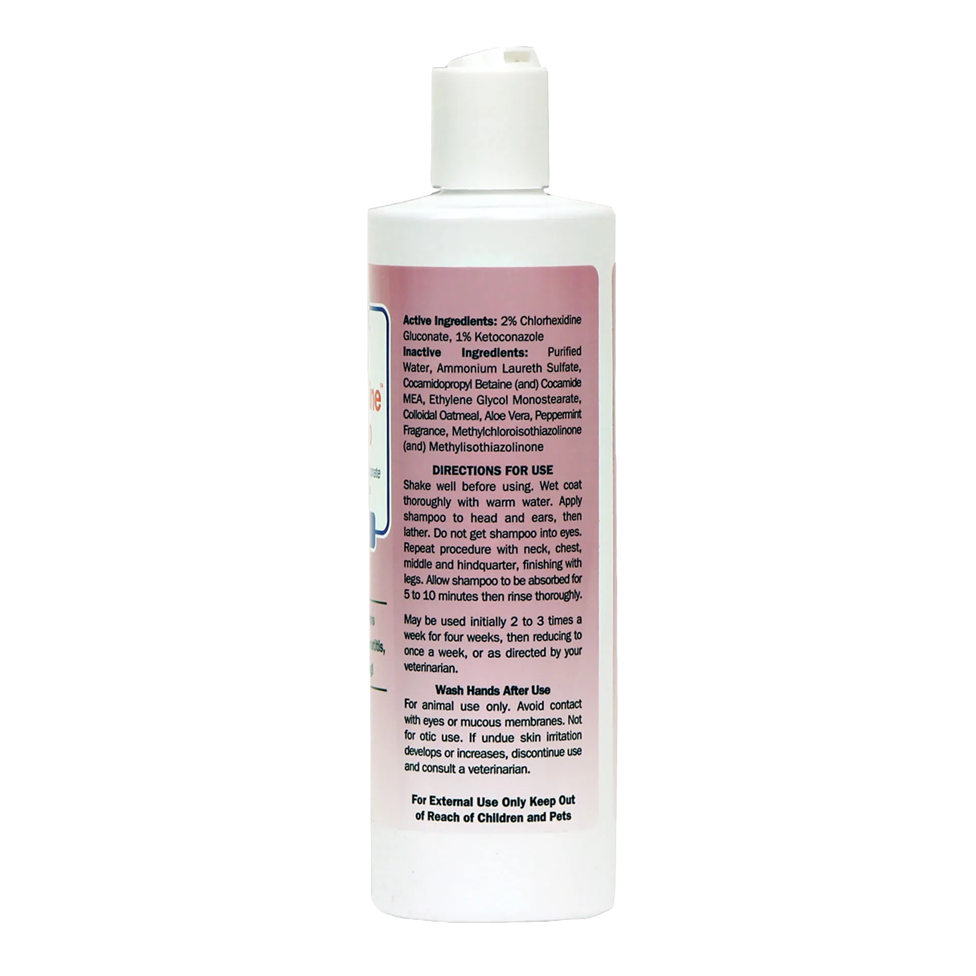 Ketohexidine Shampoo,"White shampoo bottle with flip-top cap, side label view"