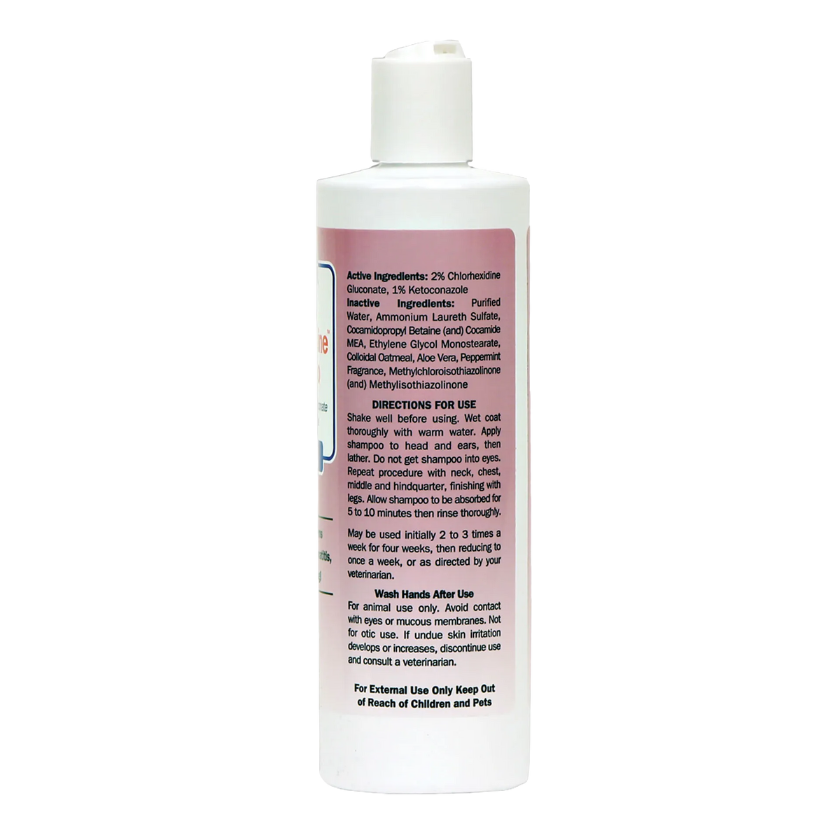 Ketohexidine Shampoo,"White shampoo bottle with flip-top cap, side label view"