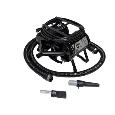 K-9 III Dog Dryer With FREE Water Peeler,"Black dog dryer with coiled hose and two nozzle attachments"