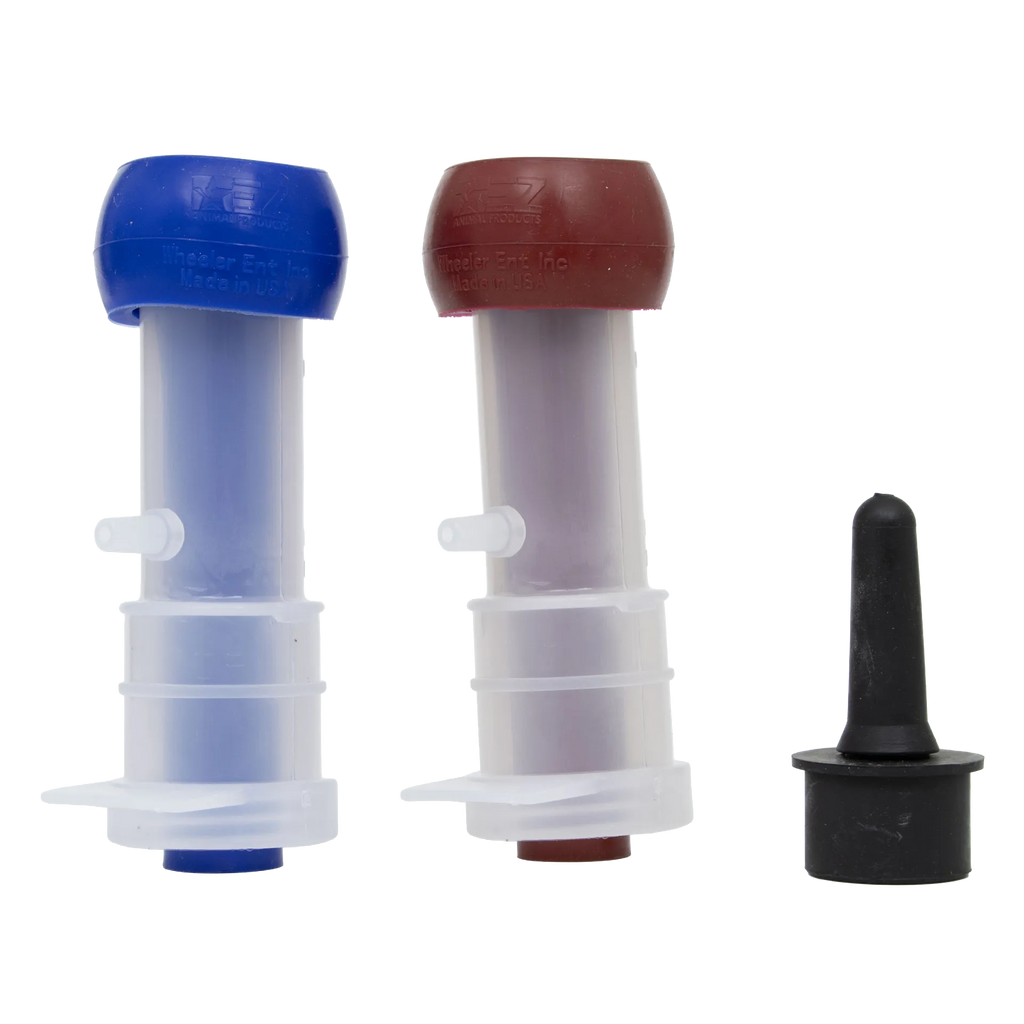 Udderly EZ Horse Milker,"Two white cylinder inserts with blue and red caps and black rubber piece"