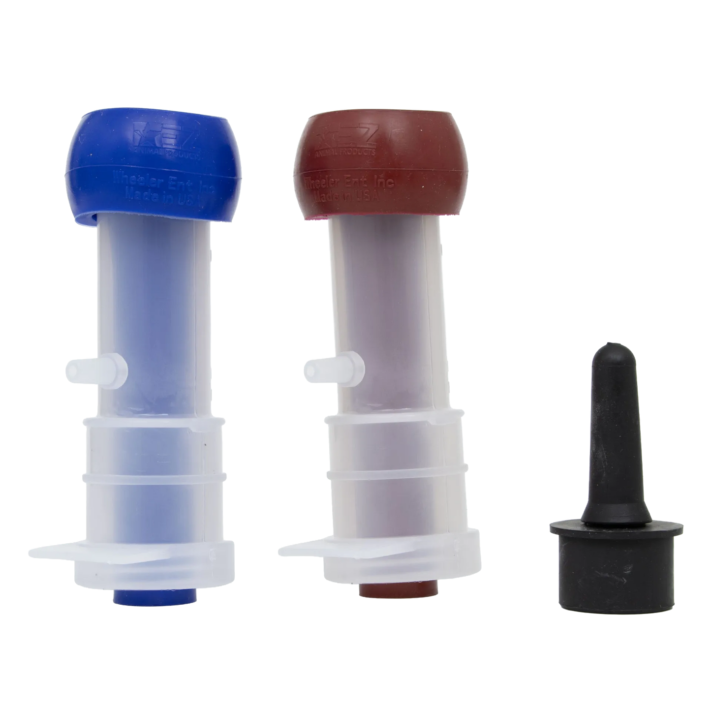 Udderly EZ Horse Milker,"Two white cylinder inserts with blue and red caps and black rubber piece"