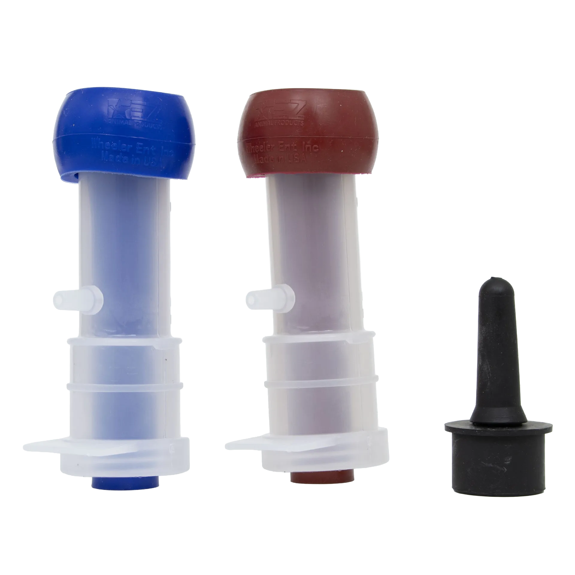 Udderly EZ Horse Milker,"Two white cylinder inserts with blue and red caps and black rubber piece"