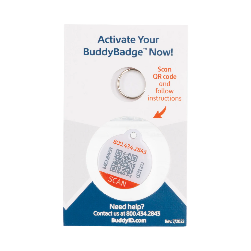 BuddyID® BuddyBadge® Collar Tag with Registration,"Round collar tag on retail display card with key ring"