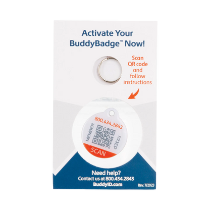 BuddyID® BuddyBadge® Collar Tag with Registration,"Round collar tag on retail display card with key ring"