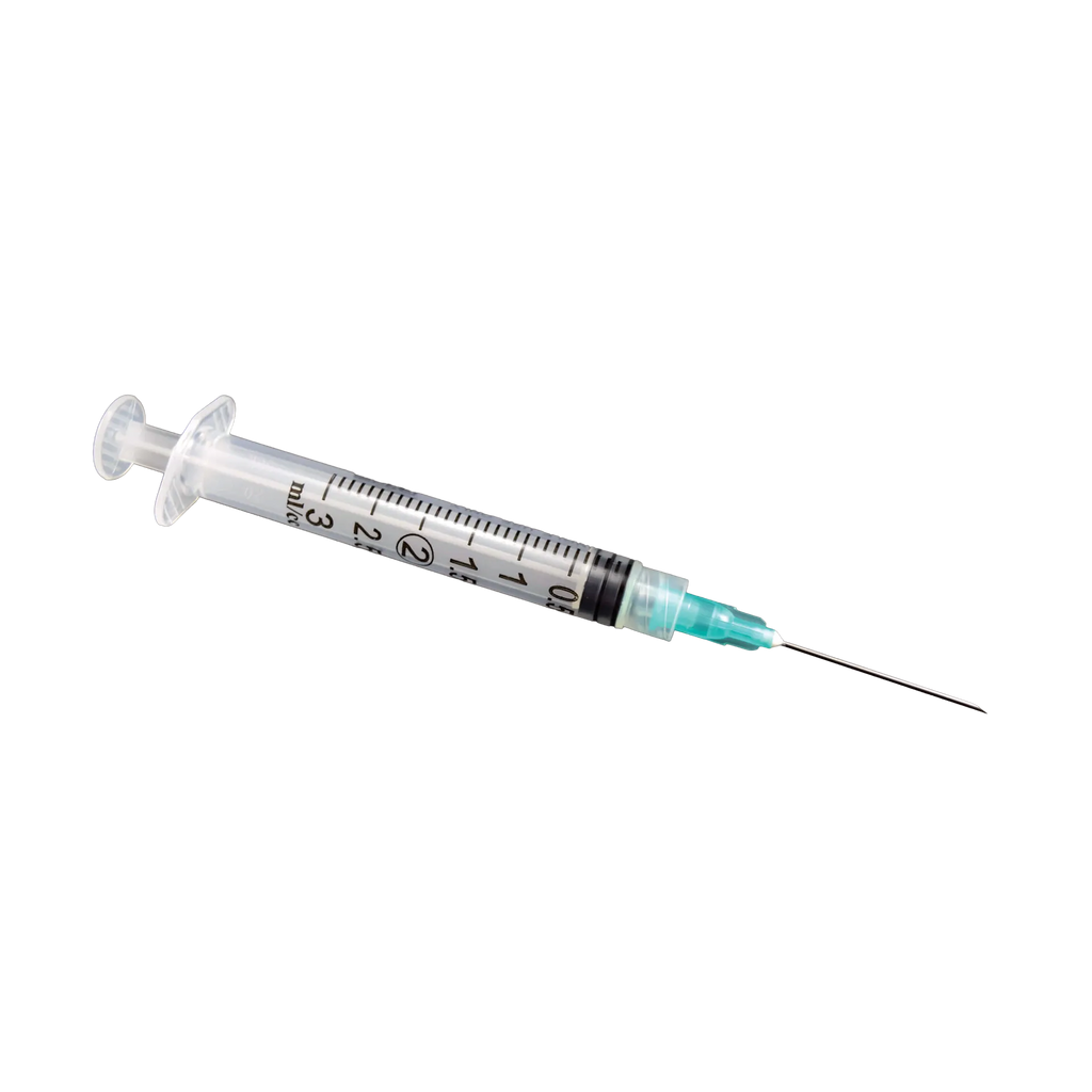Sterile 3ml Syringe Luer Lock 20x1.5,"Clear syringe with attached needle and green hub"